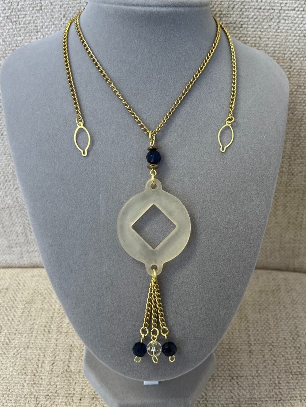 Gold-Tone Statement Necklace with Translucent Geometric Pendant, Navy Blue Beads